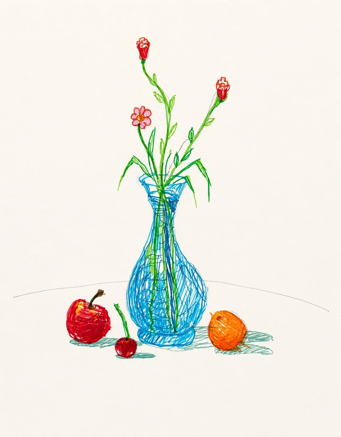 A child’s drawing of flowers in a blue vase with fruit beside it
