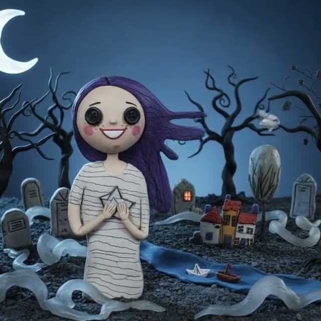The same drawing of a girl holding a paper star, in the Creepy Clay Halloween style