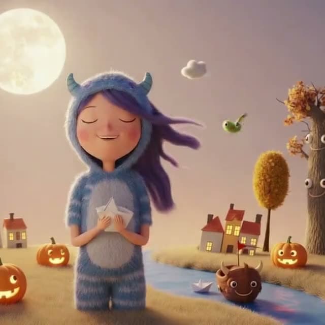 The same drawing of a girl holding a paper star, in the Monster Me Halloween style