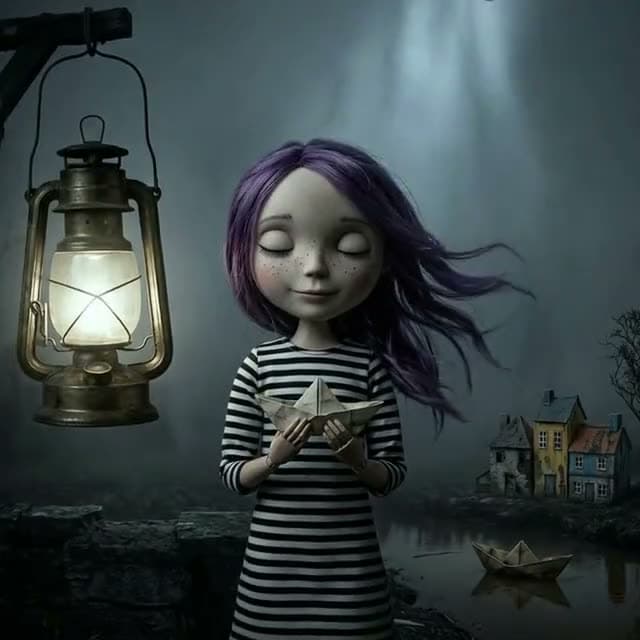 The same drawing of a girl holding a paper star, in the Scary Halloween style
