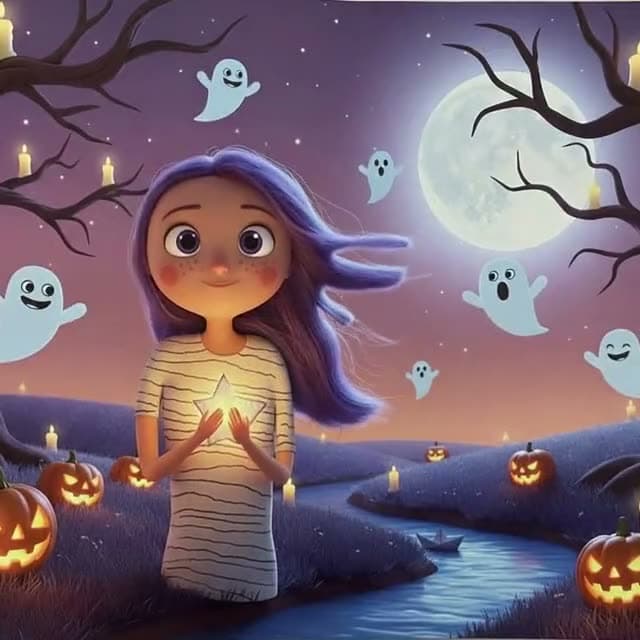 The same drawing of a girl holding a paper star, in the Spooky Halloween style